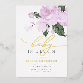金ゴールドパープルフローラガールベビーイン開花シャワー 箔招待状
