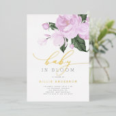 金ゴールドパープルフローラガールベビーイン開花シャワー 箔招待状 (立ち正面)