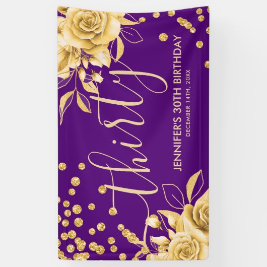 金ゴールドパープルフローラグリッター30th Birthday Script 横断幕 (縦)