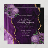 金ゴールドパープルフローラバラアゲート結婚式招待状 (正面/裏面)