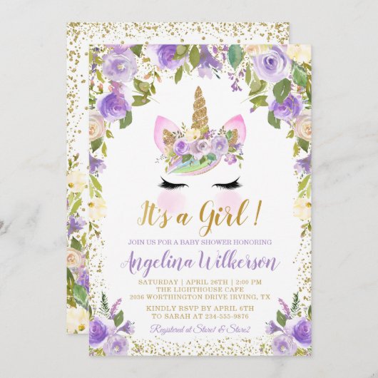 金ゴールドパープルフローラユニコーンベビーシャワー招待状 招待状 (正面/裏面)