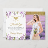 金ゴールドパープルフローラRN看護卒業写真 サンキューカード (正面)