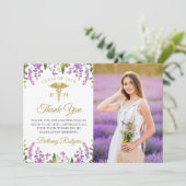 金ゴールドパープルフローラRN看護卒業写真 サンキューカード (スタンド正面)