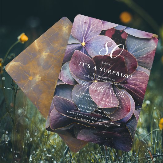 金ゴールドパープルブルーアジサイ・サプライズ80誕生日 招待状