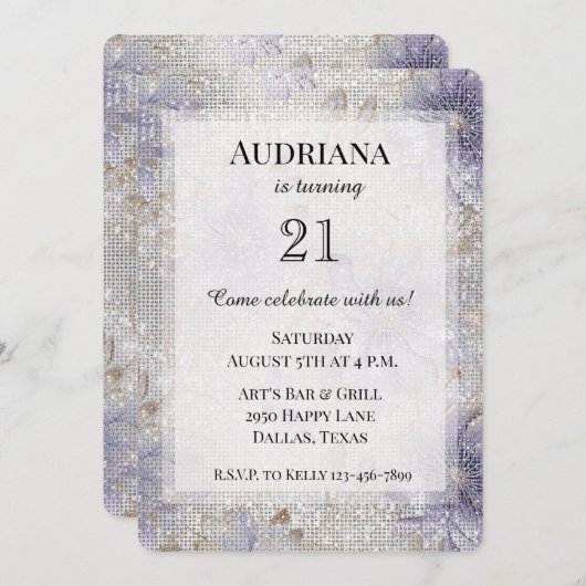 金ゴールドパープルホワイトフローラスパークル誕生日 招待状 (正面/裏面)