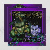 金ゴールドパープルマスカレードパーティの招待状 招待状 (正面/裏面)