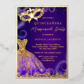 金ゴールドパープルマスカレードパーティードレスキンセアニェラフォイ 箔招待状 (正面)