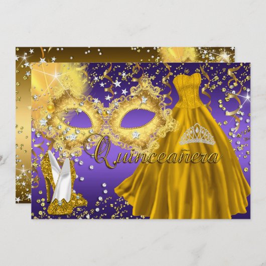金ゴールドパープルマスクマスカレードキンセアニェラ招待状 招待状 (正面/裏面)