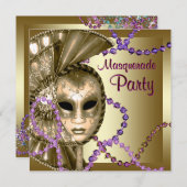 金ゴールドパープルマルディグラスビーズ仮装パーティー 招待状 (正面/裏面)