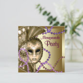 金ゴールドパープルマルディグラスビーズ仮装パーティー 招待状 (スタンド正面)