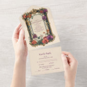 金ゴールドパープルヴィンテージフローラ結婚ズ オールインワン招待状 (貼ってはがせる)