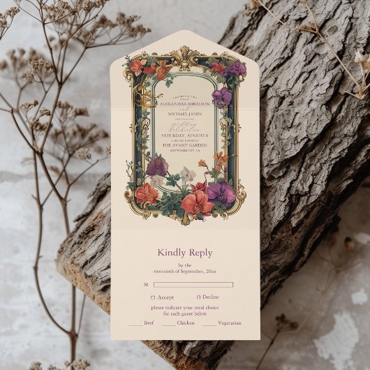 金ゴールドパープルヴィンテージフローラ結婚ズ オールインワン招待状