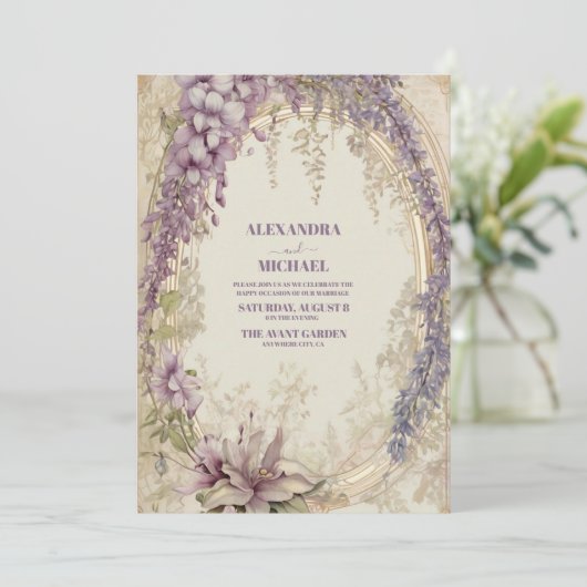 金ゴールドパープルヴィンテージフローラ結婚ズ 招待状 (スタンド正面)