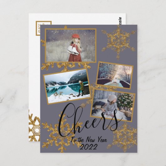 金ゴールドパープル応援スノーフレーク4写真ホリデー ポストカード (正面/裏面)