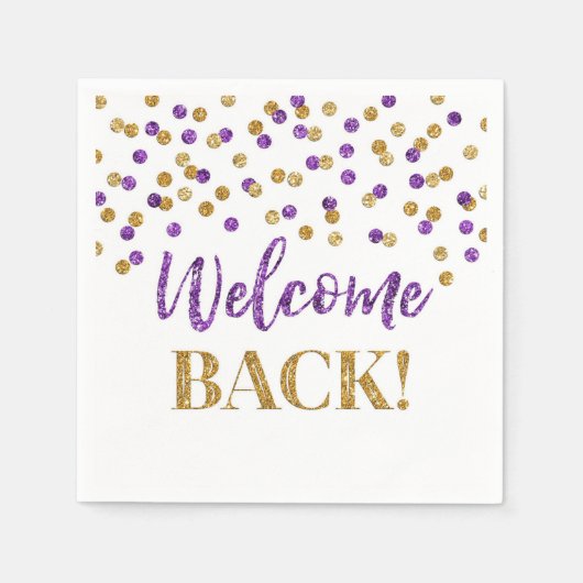 金ゴールドパープル紙吹雪ウェルカムバックナプキンズ スタンダードカクテルナプキン (正面)
