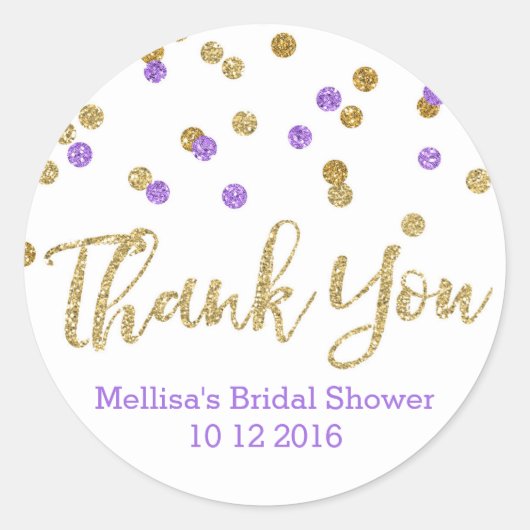 金ゴールドパープル紙吹雪ブライダルシャワーメッセージカード ラウンドシール (正面)
