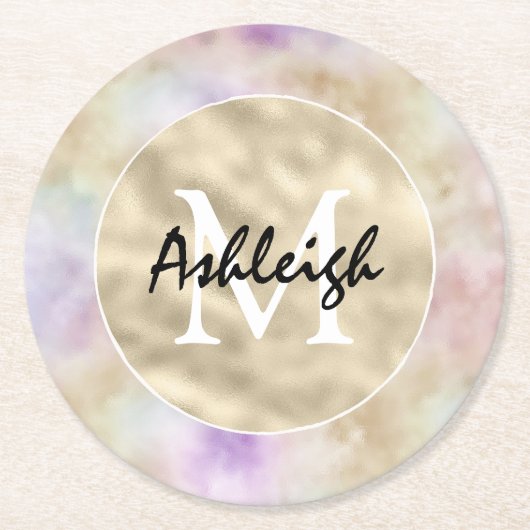 金ゴールドパープル絞り染めモノグラムコースター ラウンドペーパーコースター (正面)