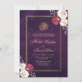 金ゴールドパープル華美フローライスラム結婚教徒 招待状 (正面)