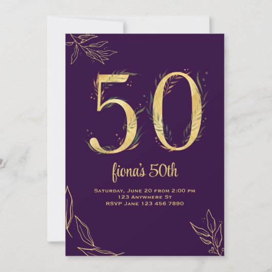 金ゴールドパープル50と素晴らしい誕生日招待状 案内状 (正面)