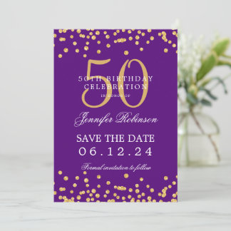 金ゴールドパープル50誕生日日付の保存詳細 招待状
