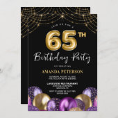 金ゴールドパープル65th誕生日パーティー 招待状 (正面/裏面)