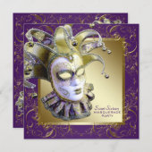 金ゴールドパープルSweet sixteenマスカレードパーティー 招待状 (正面/裏面)