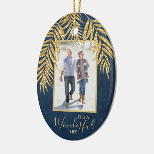 金ゴールドパームズオンデニムホリデークリスマスフォトオーバル セラミックオーナメント (左)