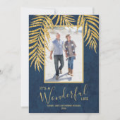 金ゴールドパームズオンブルークリスマスフォト シーズンカード (正面)