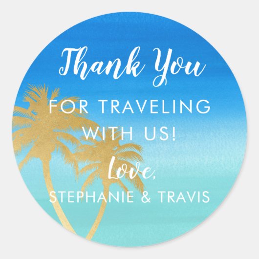 金ゴールドパームツリーオンブルーウォーターカラービーチ結婚式 ラウンドシール (正面)