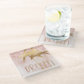 金ゴールドパームツリーズピンクグラデーショングリッタードリーム ガラスコースター (アングル)