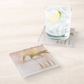 金ゴールドパームツリーズピンクグラデーショングリッター ガラスコースター (アングル)