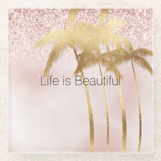 金ゴールドパームツリーズピンクグラデーショングリッター ガラスコースター (正面)