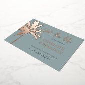 金ゴールドパームツリービーチ結婚式日付の保存 箔招待状 (回転した状態)