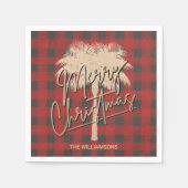 金ゴールドパームツリーレッドバッファロープレイドクリスマス スタンダードカクテルナプキン (正面)