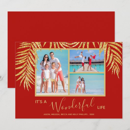 金ゴールドパームフォトコラージュクリスマス シーズンカード (正面/裏面)