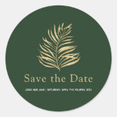 金ゴールドパームリーフ日付の結婚封筒用シールを保存 ラウンドシール (正面)