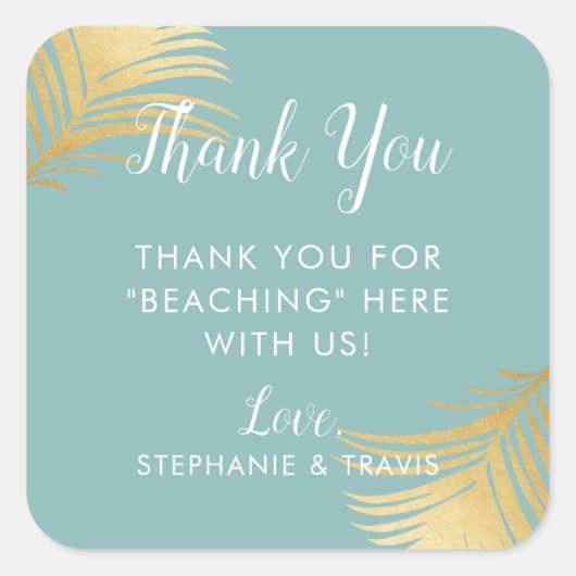 金ゴールドパーム葉ビーチ結婚式ウェルカムサンキュー スクエアシール (正面)
