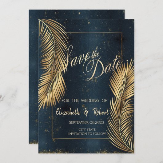 金ゴールドパーム葉ビーチ結婚式保存日付 セーブザデート (正面/裏面)