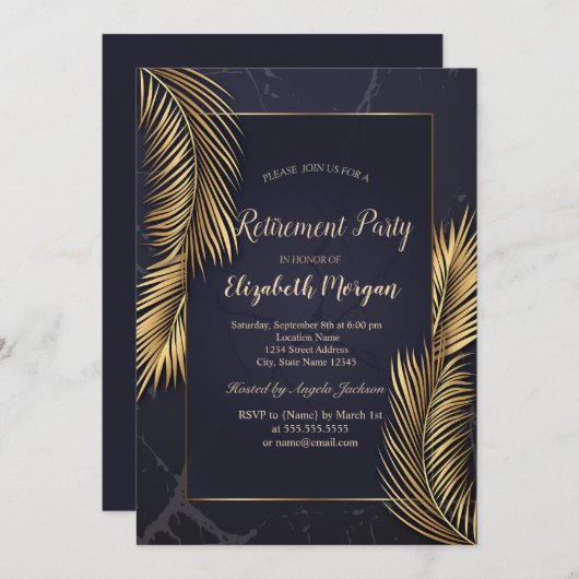 金ゴールドパーム葉大理石リタイア 招待状 (正面/裏面)