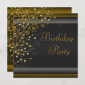 金ゴールドパールスワール女性ブラック金ゴールド誕生日パーティー 招待状 (正面/裏面)