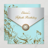 金ゴールドパールティール(緑がかった色)女性50thバースデーパーティー 招待状 (正面/裏面)