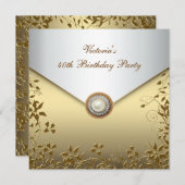 金ゴールドパールフローラ女性40th誕生日パーティー 招待状 (正面/裏面)