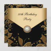 金ゴールドパールフローラ女性50th誕生日パーティー 招待状 (正面/裏面)