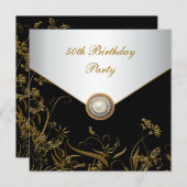 金ゴールドパールフローラ女性50th誕生日パーティー 招待状 (正面/裏面)