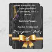 金ゴールドパールリボン、ハート宝石のチェーン黒絹 招待状 (正面/裏面)