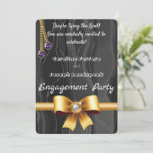 金ゴールドパールリボン、ハート宝石のチェーン黒絹 招待状 (スタンド正面)