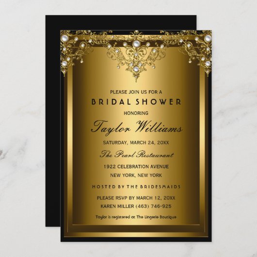 金ゴールドパールヴィンテージグラマーブライダルシャワー招待状 招待状 (正面/裏面)