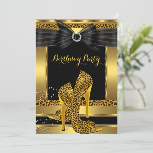 金ゴールドヒョウハイヒールシューブラックバースデーパーティー2 招待状 (スタンド正面)