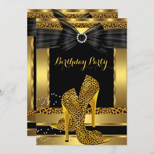 金ゴールドヒョウハイヒールシューブラックバースデーパーティー2 招待状 (正面/裏面)