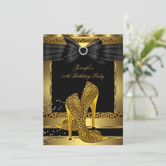 金ゴールドヒョウハイヒールシューブラック誕生日パーティー 招待状 (スタンド正面)